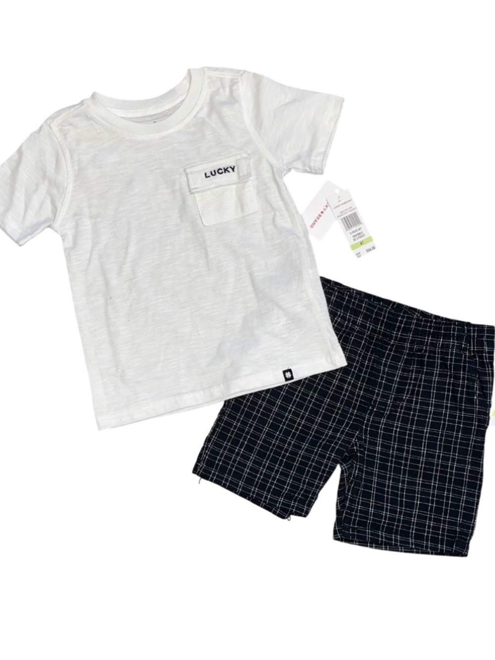 Lucky Brand Black White Plaid Pull On Shorts White Shirt Pocket 4T Set NWT Logo